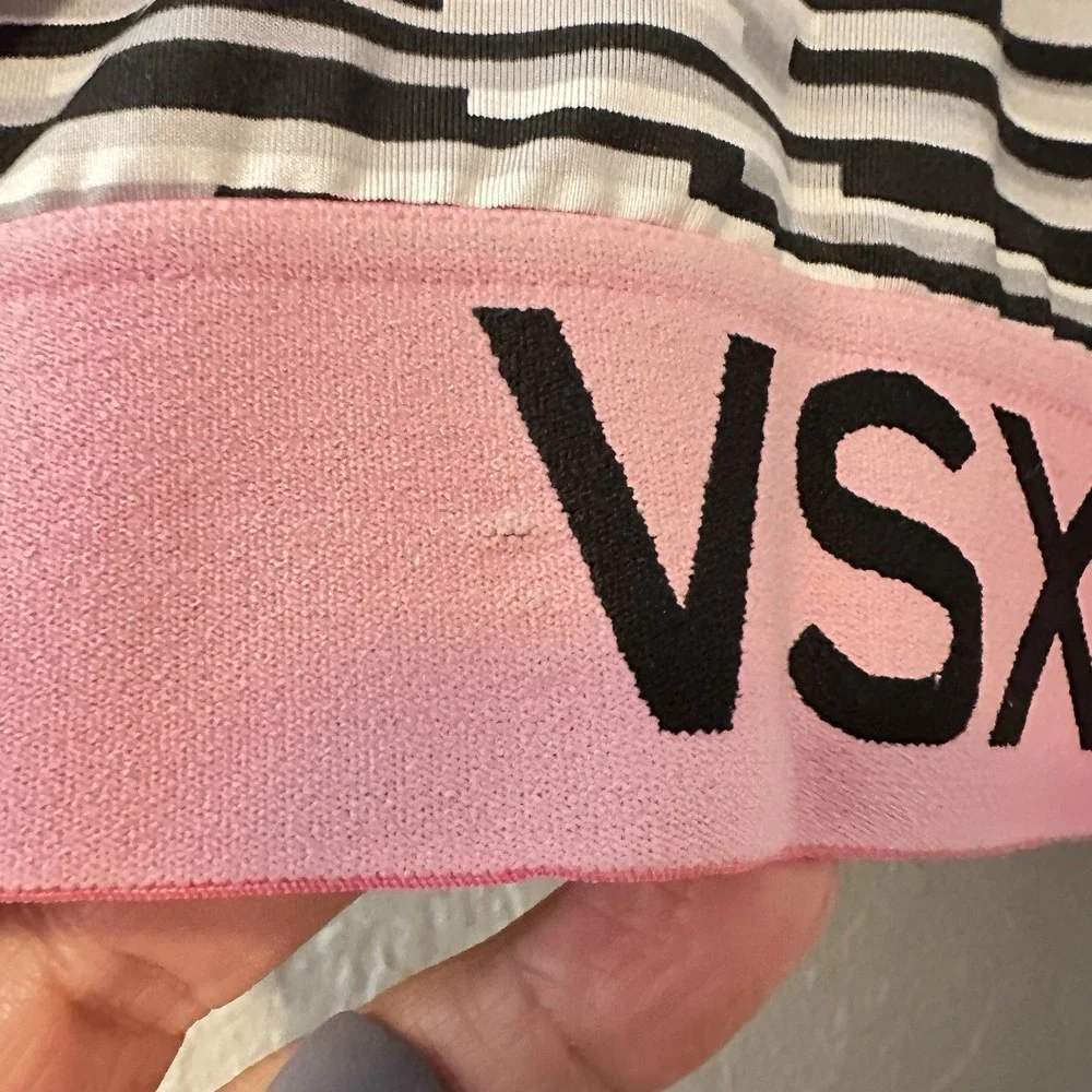 Victoria Secret VSX Sports Bra Pink Black Heather Band Logo Racerback‎ Sz Small